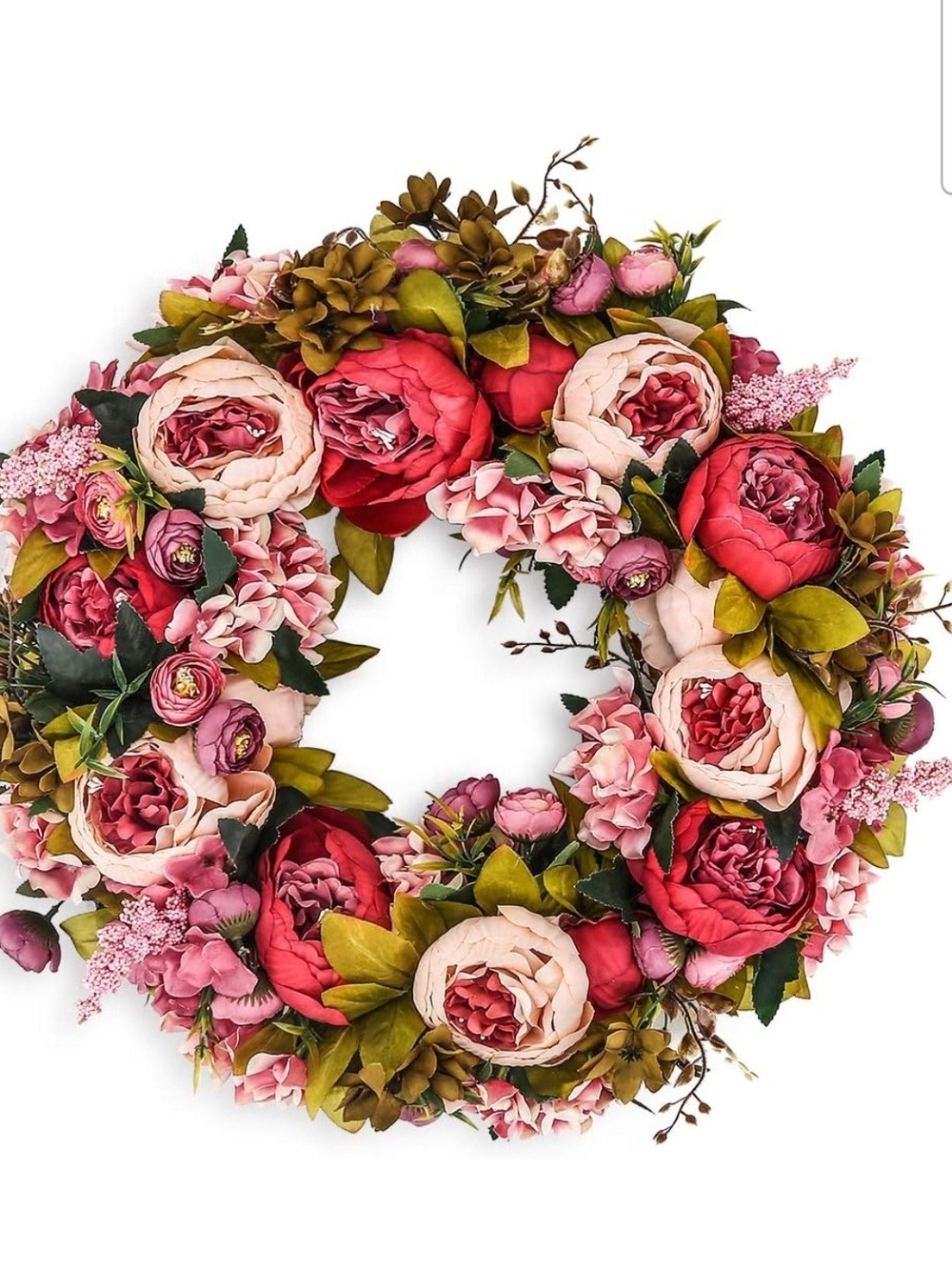 Pink & Red Peony Faux Floral Wreath - Elegant Home Accent